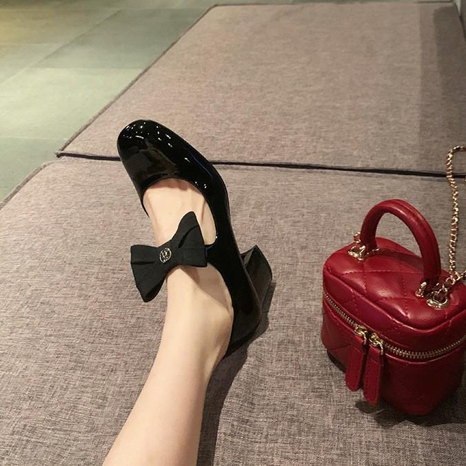Whole cowhide~ French bow leather thick heel high heels women's small fragrant Mary Jane single shoes small leather shoes ladyshoes