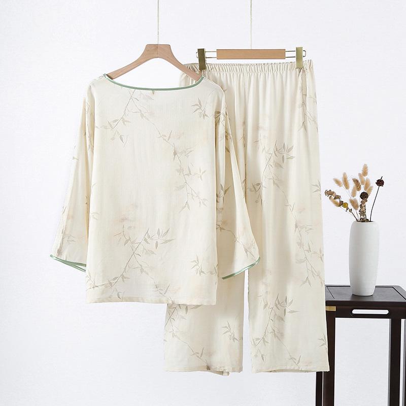 Women's Bamboo Cotton Gauze Seven-Sleeve Pajamas, Spring/Summer Chinese Style Homewear Set