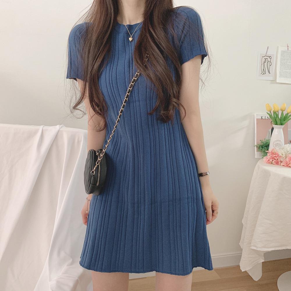 Korean Chic Ribbed Ice Silk Slim Fit Bodycon Knit Dress - Women's Short Sleeve, Round Neck