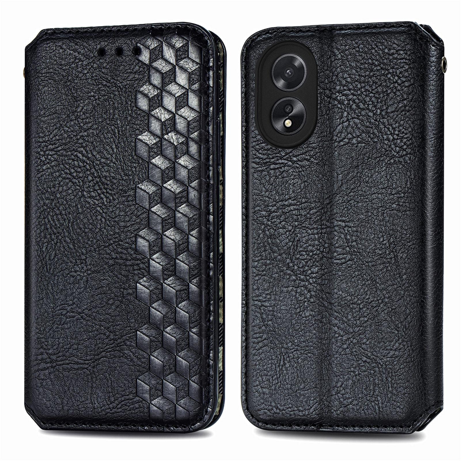 

For Oppo A38 4G/A18 4G PU Leather Case Rhombus Imprint Wallet Stand Phone Cover Black