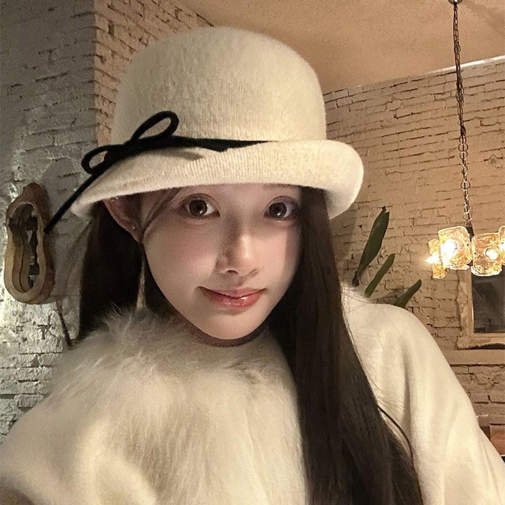 Fashion Bowknot Hepburn Style Topper Hat Elegant French Style Woolen Bucket Hat British Style Pure Color Women Formal Hat Autumn