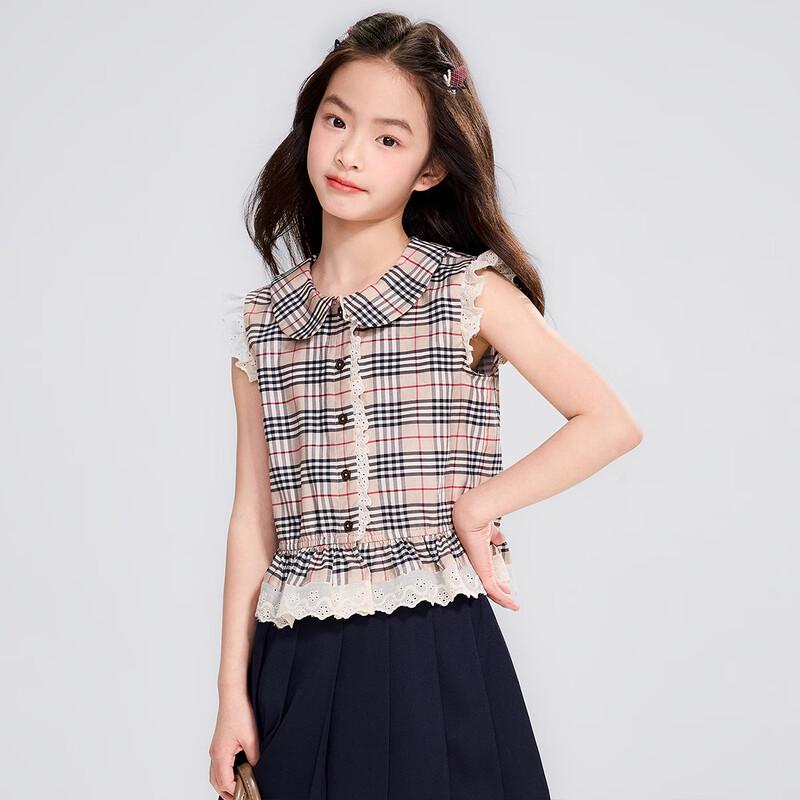 Princess YUAN YUAN Girls' French Plaid Lace Sleeveless Shirt