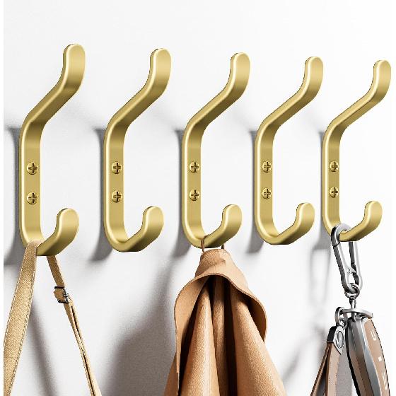 Wall Hook for Hanging Coats - Stainless Coat Hook 5 Pack Wall Mount for Backpack, Bag, Keys and Towel, Double Hook In Closet, Entryway, Door,