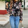Autumn Women Blouse Floral Half High Neck Sleeve Lantern Tops Temperament Commuter Fashion