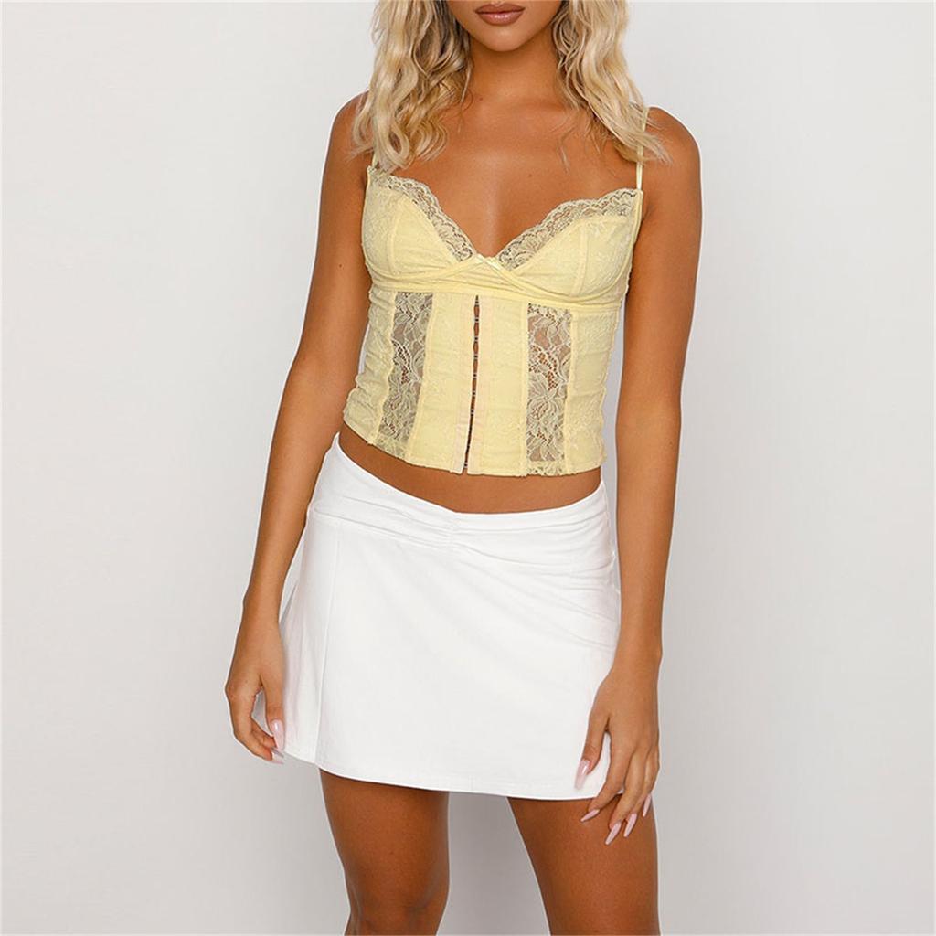 Damen Spitzen-Camisoles Spaghetti-Träger Ärmellos Rückenfrei Tanktops Sommerwesten Kurze Oberteile Streetwear