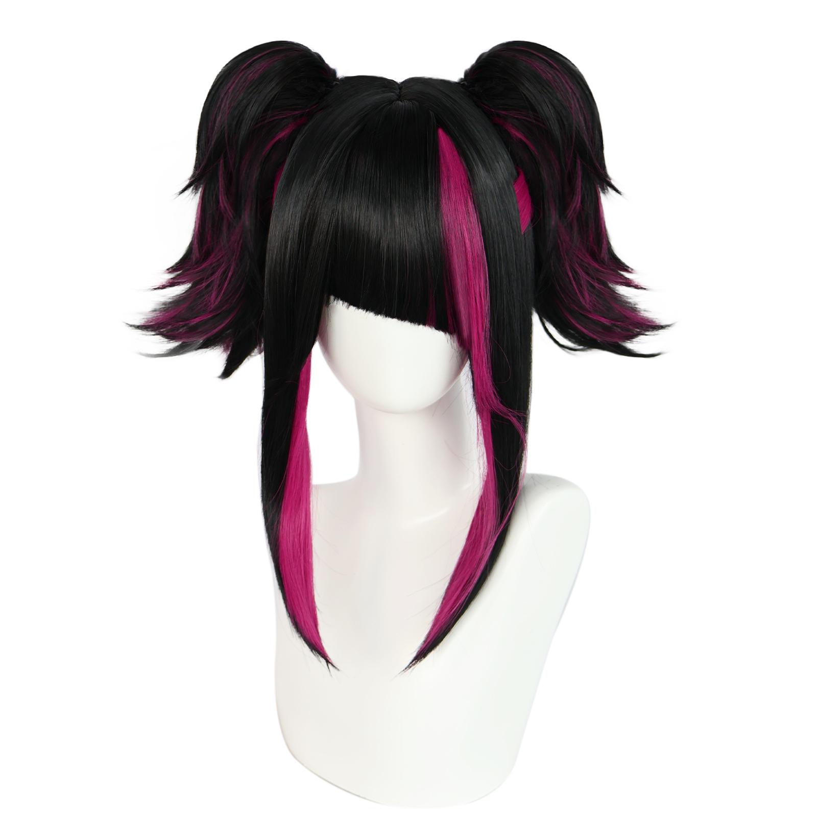 

Synthetic Black With Red Double Clip On Ponytails Straight Heat Resistant Han Juri Cosplay Game Anime Character Wig 16inches