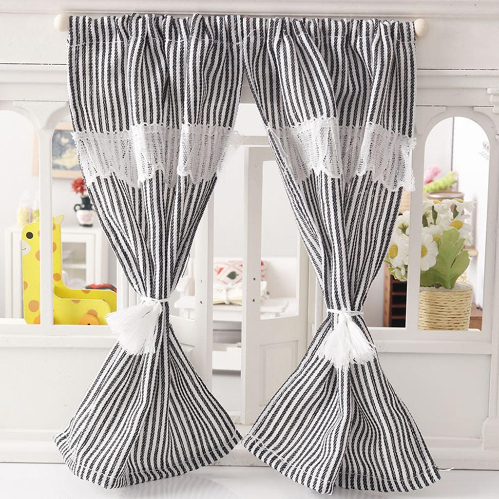 Fabric Miniature Dollhouse Window Curtain with Stripe Pattern Design For 1/12 Model Dollhouse Scene Decoration Accessory