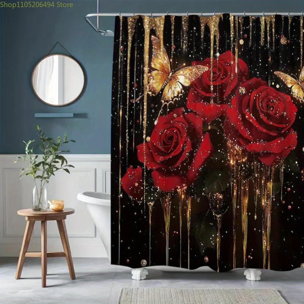 1pc Red Rose and Golden Butterfly Polyester Shower Curtain, Fashion Theme, Washable, All-Season, with Hook, for Home Decor, Ba