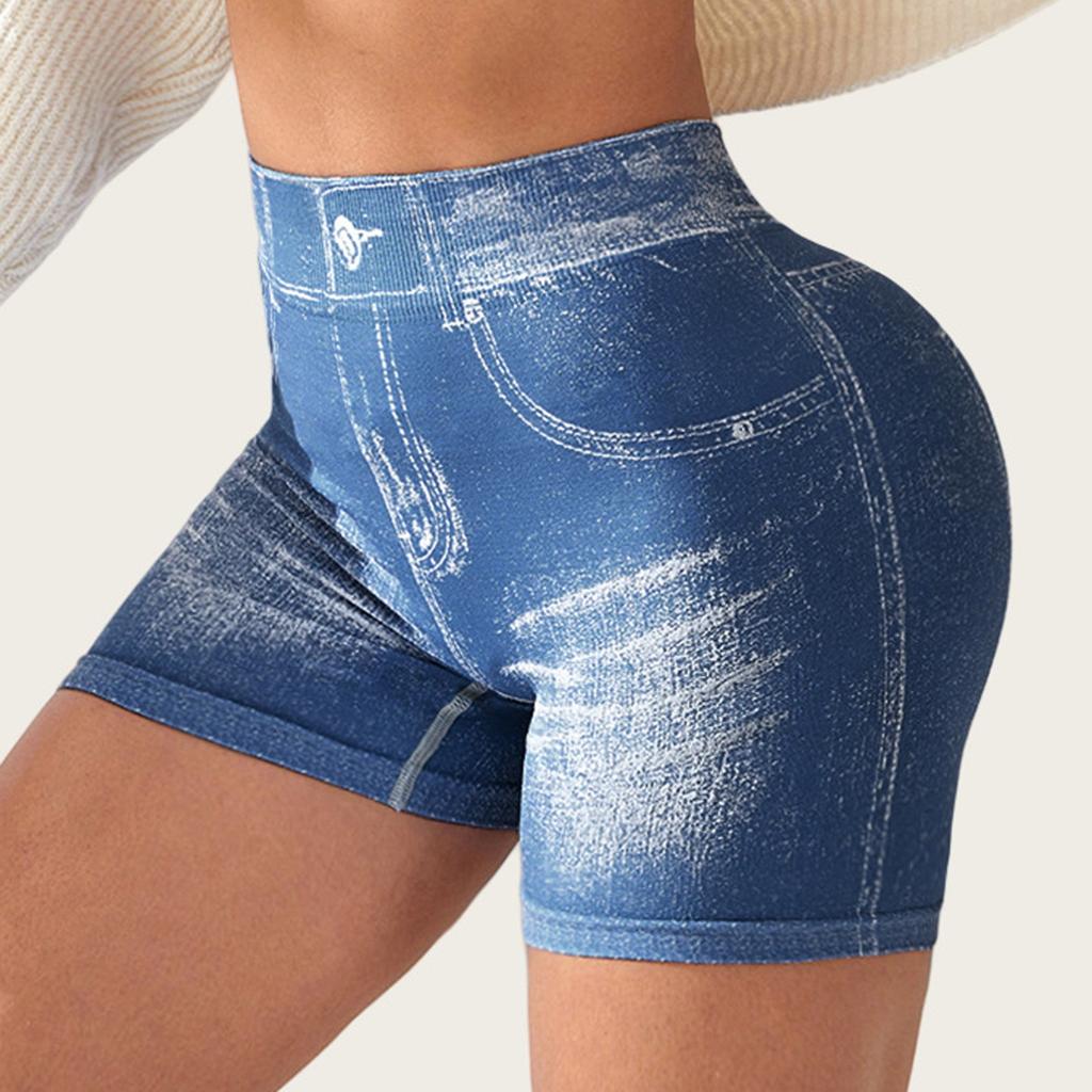 Shorts de Yoga Sexy Sans Coutures Imitation Denim pour Femmes Leggings de Sport pour la Course à Pied Féminins Ruchés Skinny Gym Fitness Pantalon Court