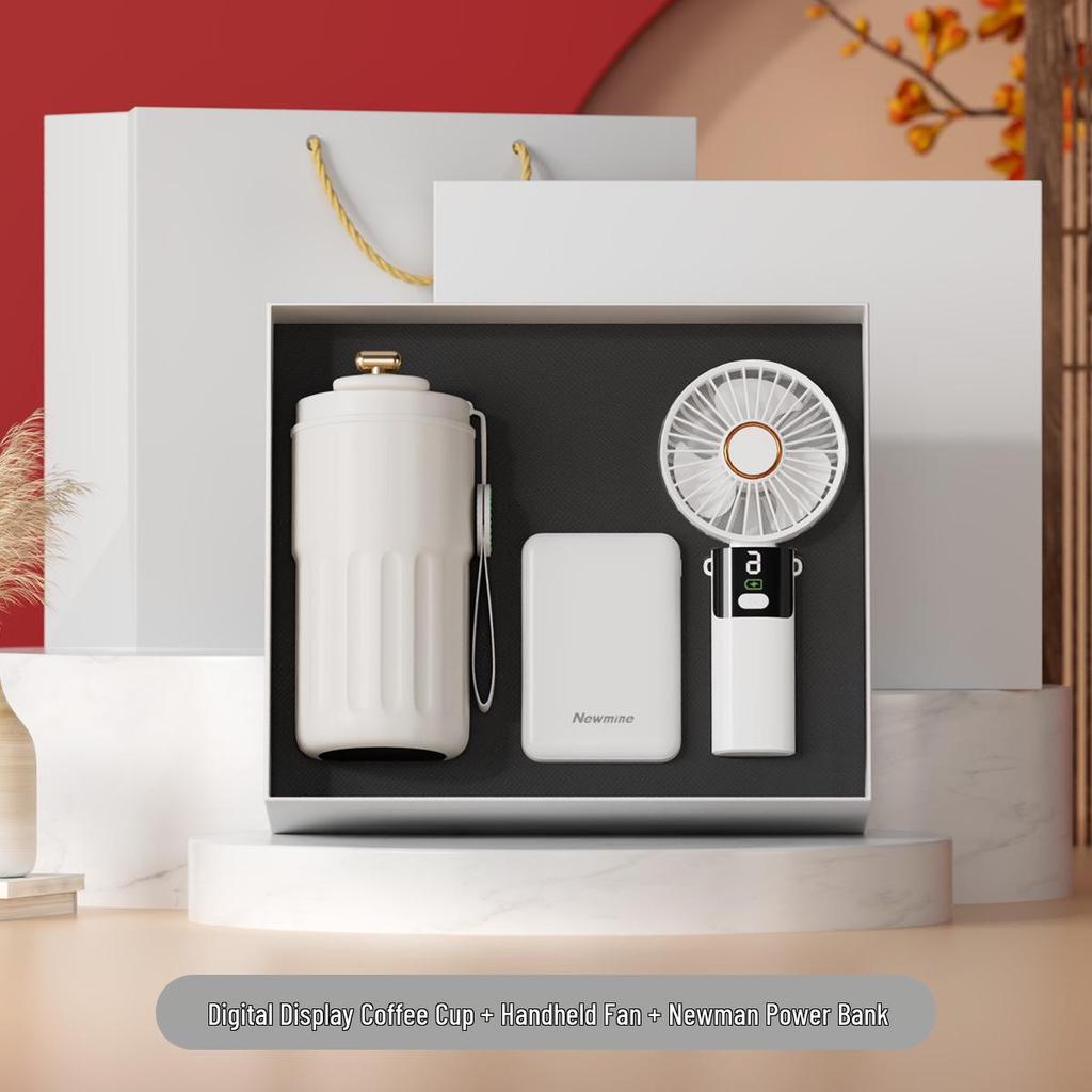 Digital Display Coffee Cup & Handheld Fan Business Gift Set for Leaders & Colleagues - Customizable with Logo