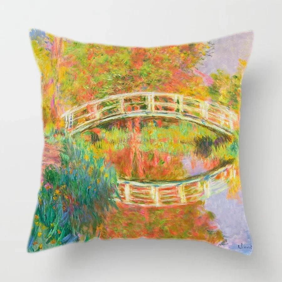 Claude Monet Polyester Printing Cushion Cover Sofa Landscape World Famous Oil Painting Throw Decorative Pillow Case Home Decor