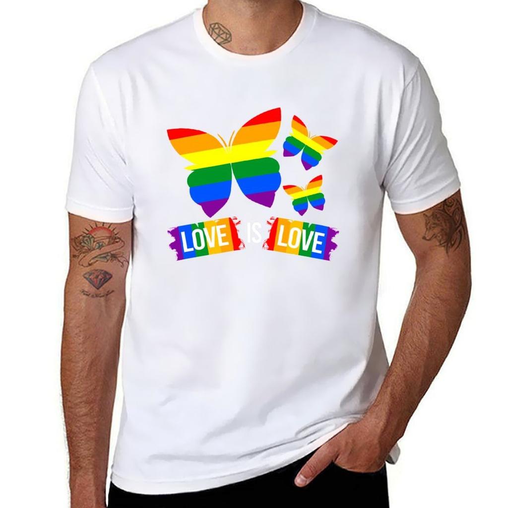 Love Is Love Colorful Rainbow Butterflies Gay Tshirt Worker Basic Short Sleeve Tee Tshirt