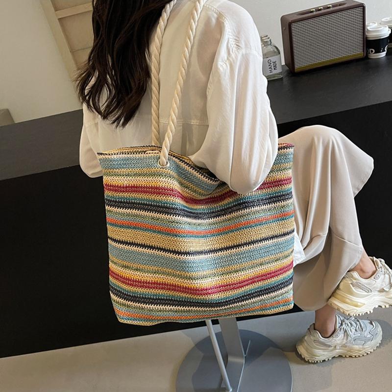 Straw Fabric Woven Design Women Tote Bags Rainbow Color Large Capacity Summer Beach Shoulder Shopper Bag Casual Commute Handbags