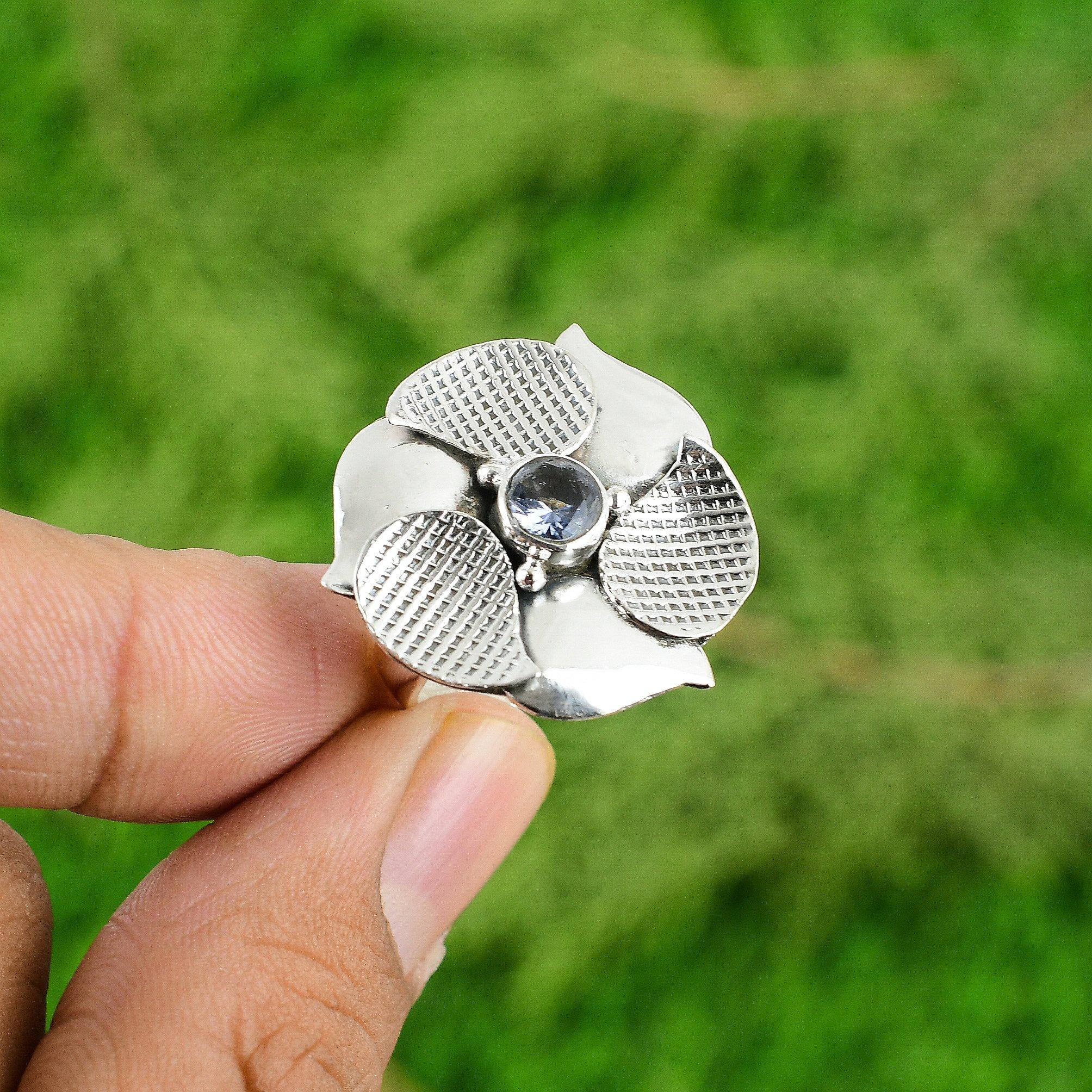 

Серебро 925 пробы Натуральный танзанитовый кварц Безель Заявление Элегантное кольцо с цветком Ювелирные изделия Adjustable