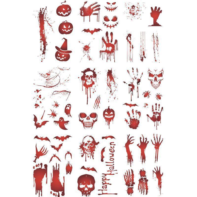 55 Halloween Sticker Patterns: Blood Handprints & Skulls Self-Adhesive Wall Decorations