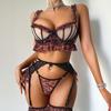 Women's Sexy Bra Set Mesh & Lace Spliced Lingerie Set Leopard Print Hollow Out Thin Cup Bra Set