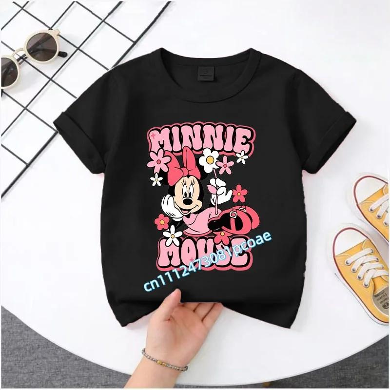 New Mickey Minnie childrens pure cotton shortsleeved boys sports shirt girls casual top with cartoon print summer Tshirt