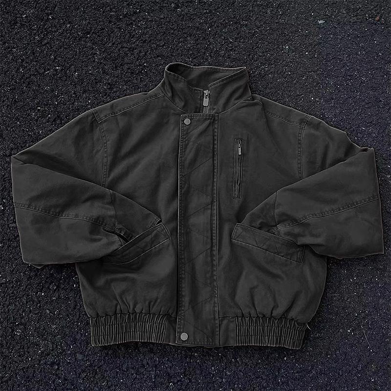 Unisex Khaki Wide Bomber Jacket: American-Style, Stand Collar, Distressed Workwear 