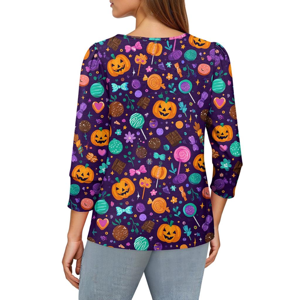 Damen Modisches Lässiges Rundhals Siebenviertelärmel Halloween Bedrucktes Puffärmel Oberteil