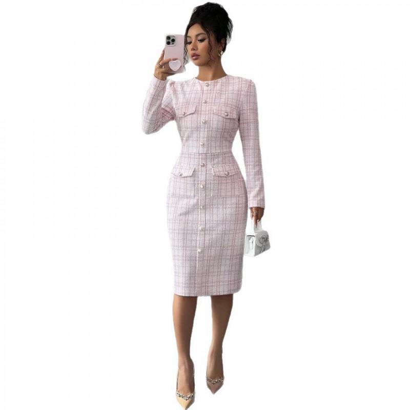 2026 Womens Pink Slim Fit Elegant Dress Square Neck Long Sleeve A Line Mini