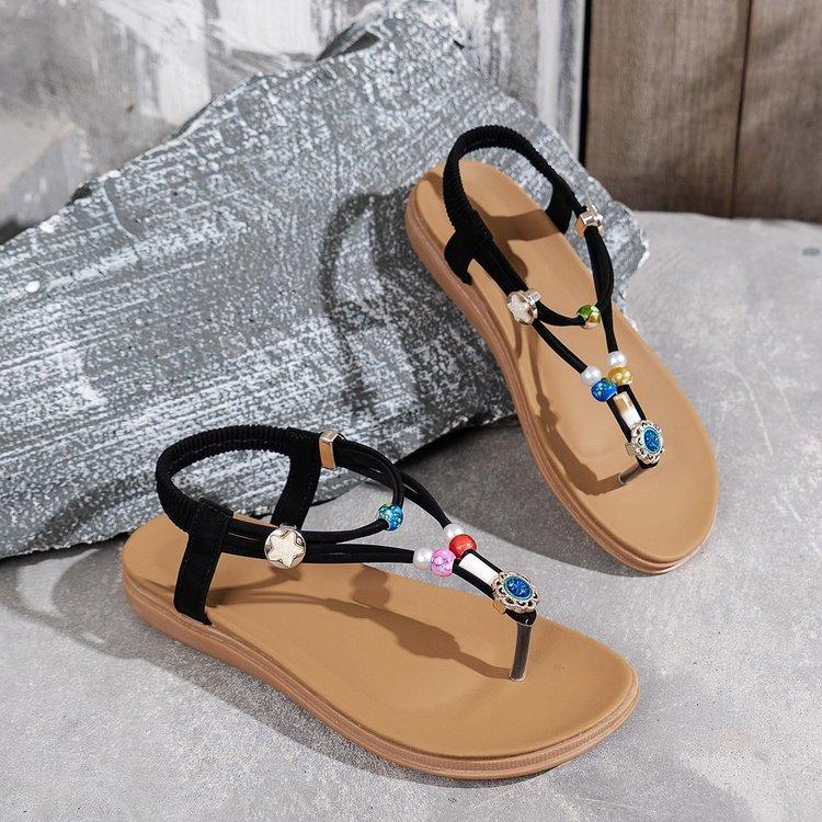 Large size flat bohemian style sandals summer beaded hollow beach going out women's shoes