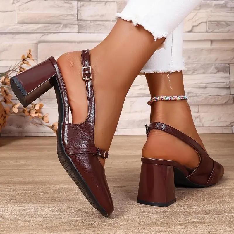 Fashion Retro Sling Back Pumps Women 2025 Summer Vintage Square Toe High Heel Pumps Elegant Metal Decoration Dress Party Sandals Women