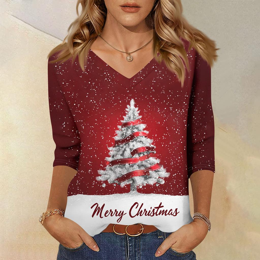 Women's T Shirt CHristmas Print 3/4 Sleeve Daily Weekend Fashion Basic V- Neck Regular Top