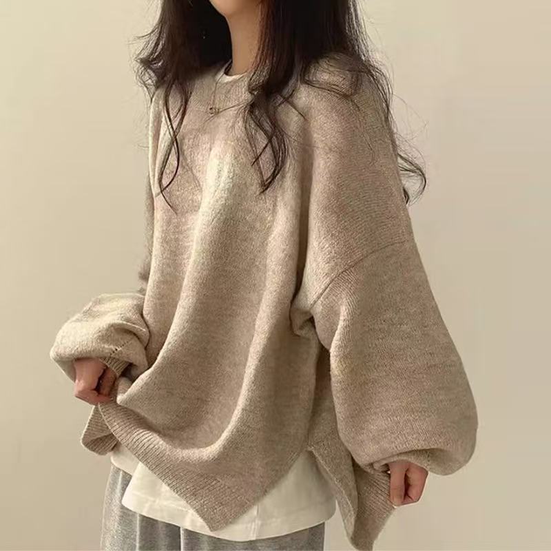 Maglioni da Donna Vintage Autunno Inverno Manica a Lanterna Nera Pullover in Maglia Oversize Coreani Monocolore Base