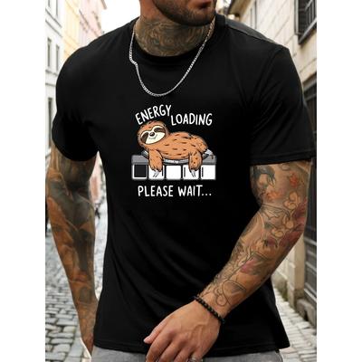 European Sizes Men's Funny Sloth Gaming T-Shirt - "Energy Loading" & Sloth Loading Bar Design, Casual Summer Short Sleeve Round Neck Tee