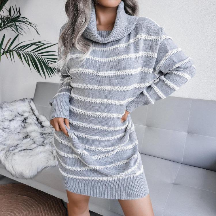 Turtleneck Loose Knit Long Sleeve Striped Sweater Dress Women Sizes S to L S серый