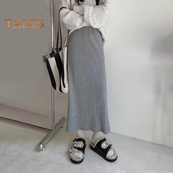 Women Maxi Skirt Elastic High Waist Hip Wrapped Long Skirt Solid Color Casual Knitting Skirt Daily Wear