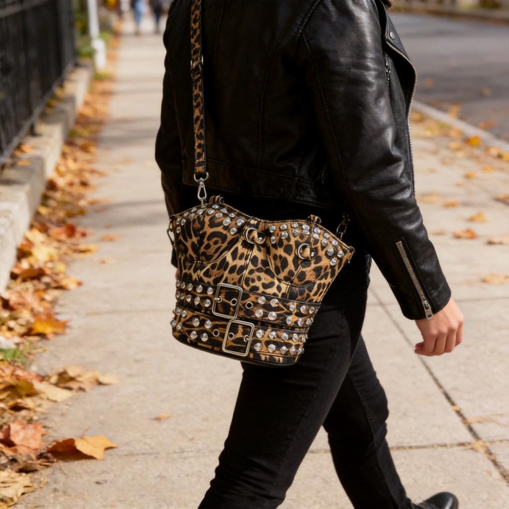 Punk Style Studded Leather Crossbody Bag With Zipper Closure For Daily Use