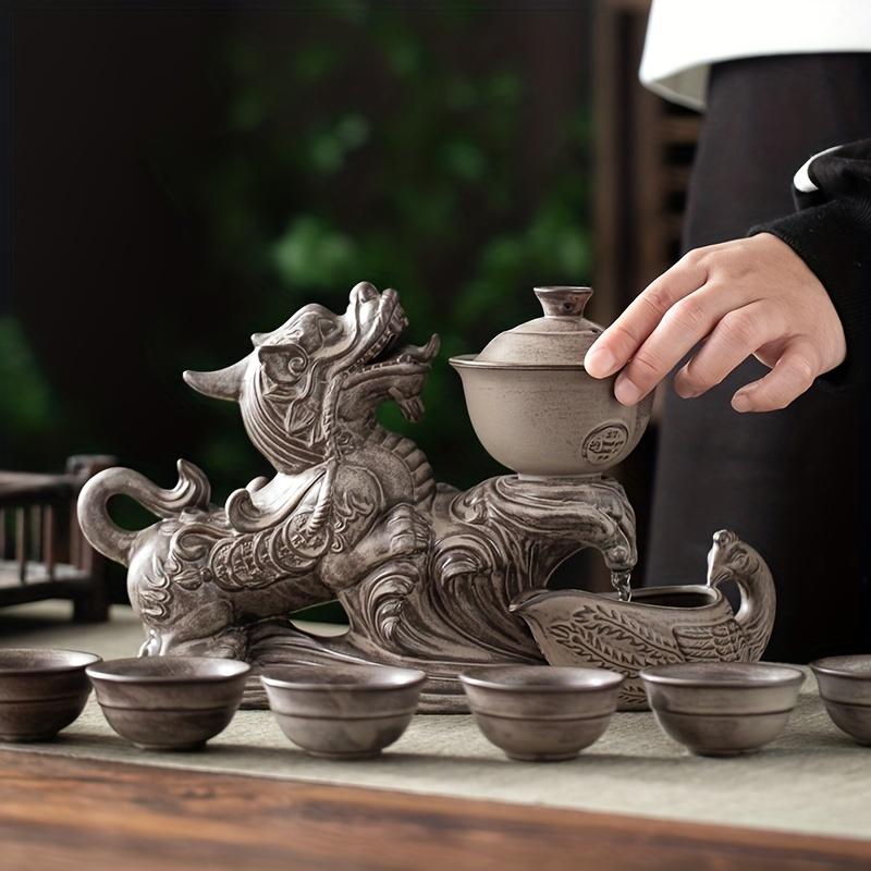 1 Set Lazy Tea Set Magnetic Water Diversion Rotating Gaiwan Tea Maker Automatic Brave Troops Retro Teapot Tea Cups Cover Bowl Rectangular Tea Tray Chi