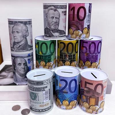 Creative Tinplate Cylinder Piggy Bank Euro Dollar Picture Box Household Saving Money Box Home Decoration Money Boxes