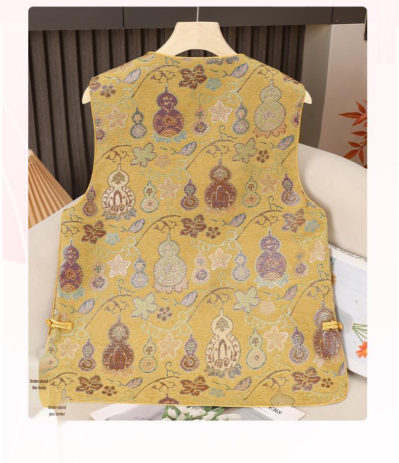 Dames Retro Chinese Kalebas Jacquard Vest, Lente/Herfst Ronde Hals met Kikkerknopen