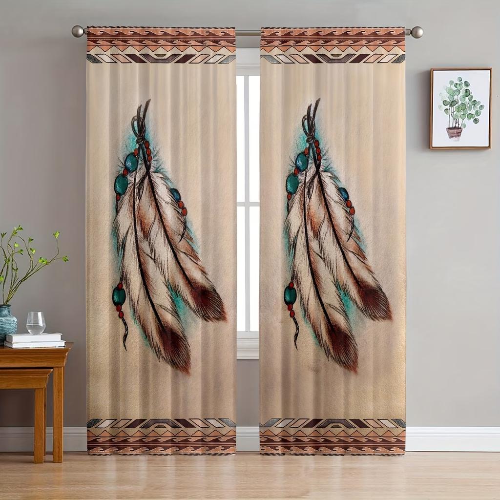 2PC Native American Feather Curtains - Tribal Geometric Border Print Window Drapes for Bedroom Living Room Decor