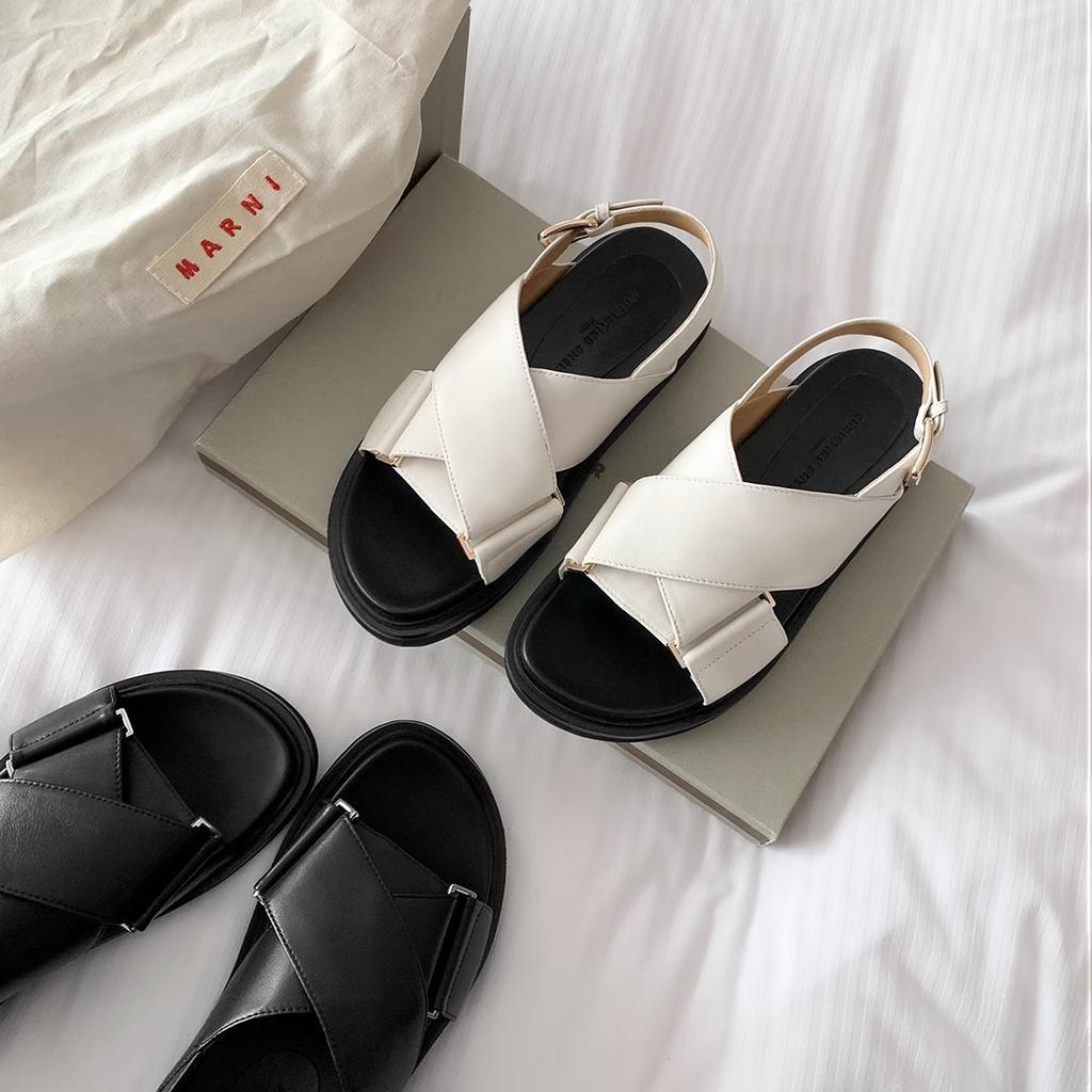 [Shei Su Yinyin] Classic~ Imported Fetal Sheepskin Cross with Open-toed Casual Thick-soled Roman Sandals Women's Summer