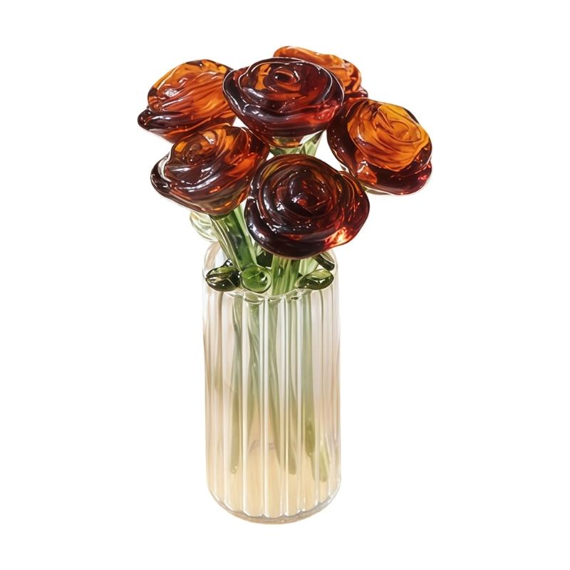 Miniature Crystal Rose Flower Figurine with Crystal Vase Handmade Rose Bouquet Gift for Mom Women Collectible Ornaments