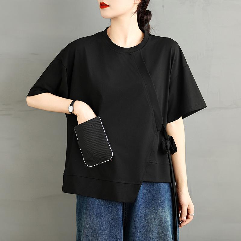 Dimanaf 2025 Summer T-Shirt Plus Size Women Solid Casual  Asymmetrical Short Sleeve Loose