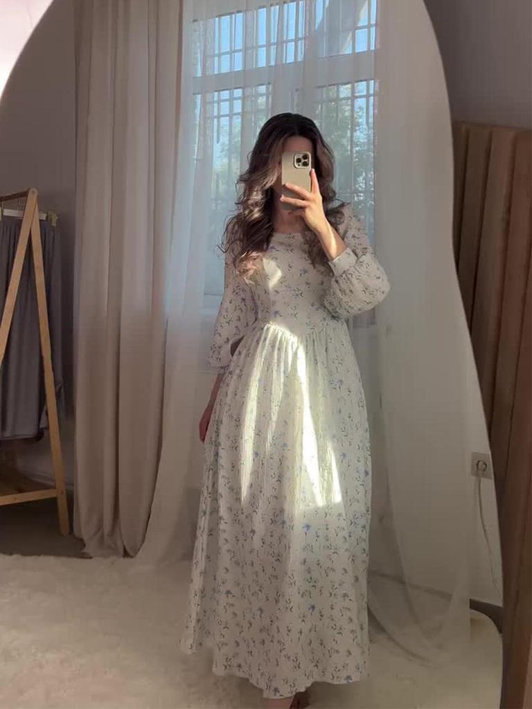 2025 Floral Fairy Intellectual Style Waist-Hugging Square Neck Tie-Up Long Dress