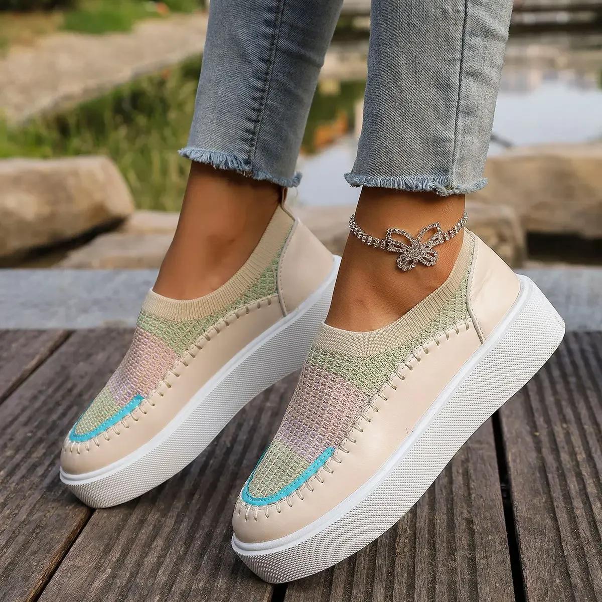 

2024 Весна и Осень Новая Мода Леопардовый Принт Цвет Сочетание Дизайн Женские Вулканизированные Туфли Повседневные Плоские Слипоны Низкий Верх Туфли 37