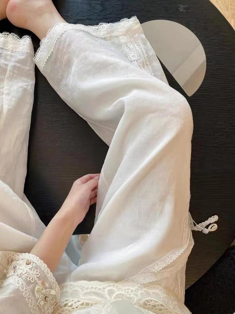Damen Weiß Leinen Spitze Bestickt Weite Hosen - Sommer 2026 Kollektion