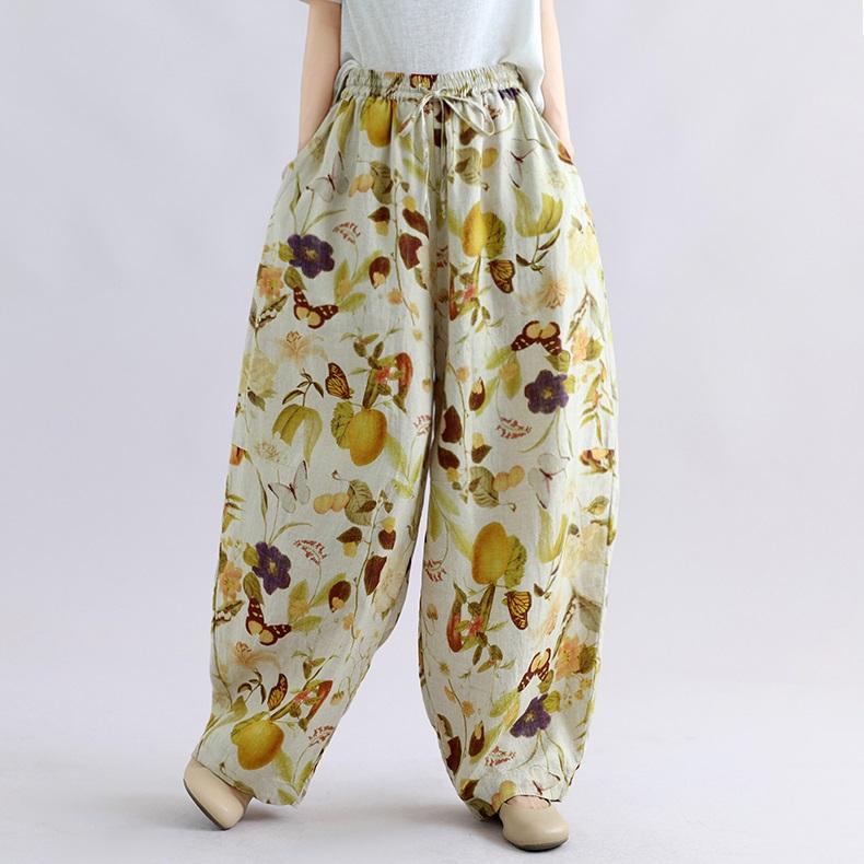 Plus Size Cotton Vintage Floral High Waist Casual Loose Long Spring Summer Autumn Harem Pants Women Trousers