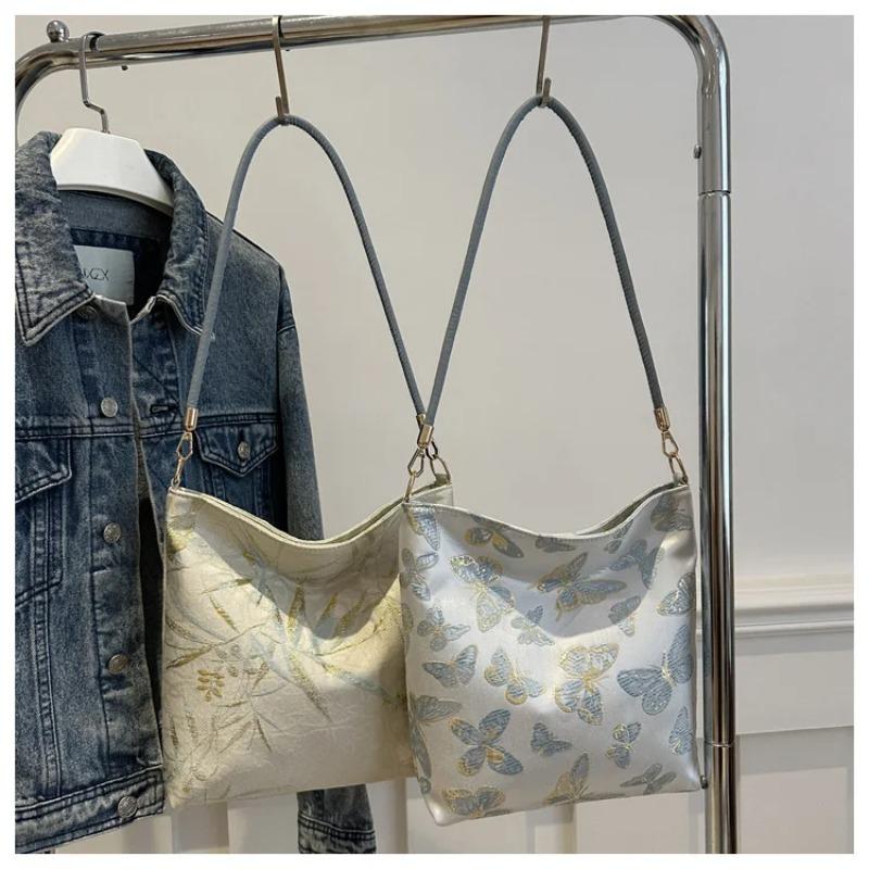 Retro Butterfly Women's Clutch Purse Handbags Embroidery Female Shoulder Bags Bamboo Leaf Pattern Ladies Underarm Bucket Bag
