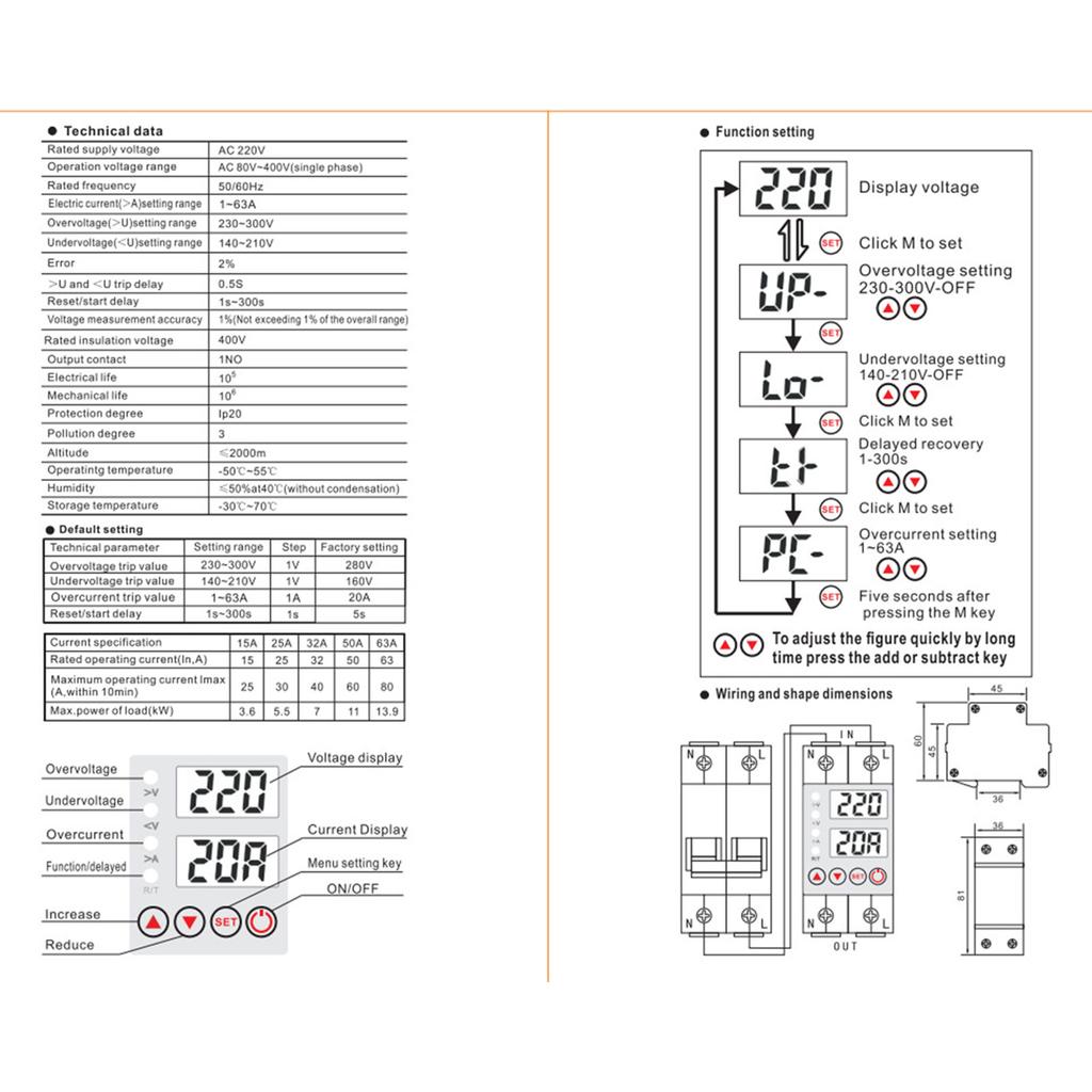 63A Din Rail 220V Adjustable Over and Under Voltage Protective Device Protector Relay Monitor Current Limit