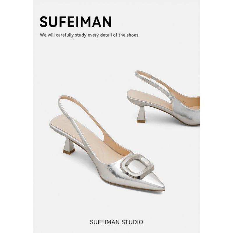 

2025 summer silver temperament pointed head bag head sandals women s square buckle elastic band French low-heeled single shoes stiletto high heels 41 серебряный