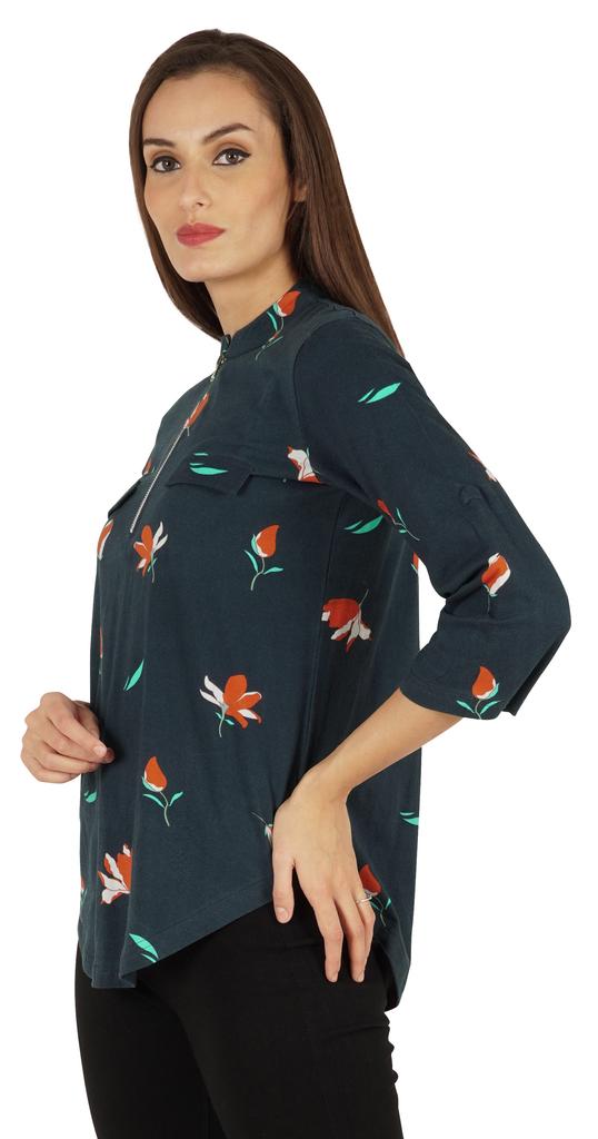 Inkmeso Fashionable Printed Casual Top For Women  s Mandarin Collar Relaxed-Fit Tunic