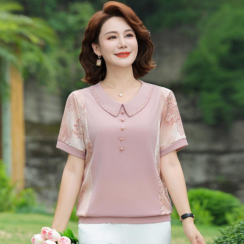 

2026 Elegant Short-Sleeved Plus Size Set for Middle-Aged Women – Summer Chinese Style Loose Top Blouse 5XL - 135-150 lbs рожевий