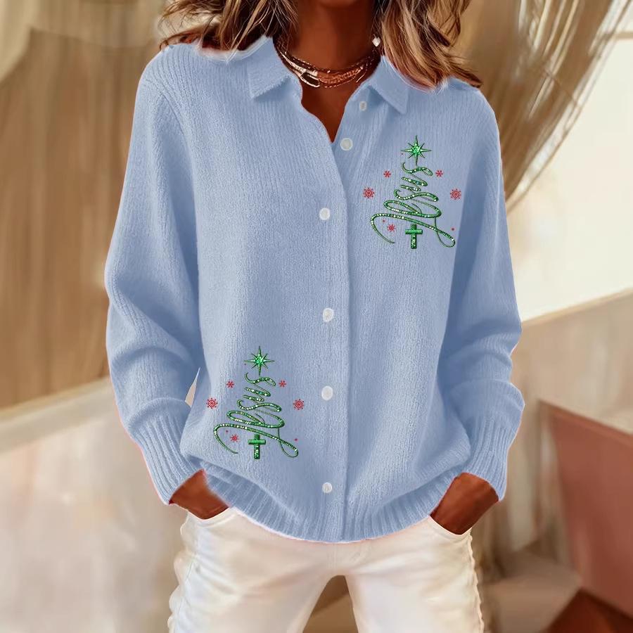 2026 New Women's 3D Print Lapel Cardigan Knit Shirt - European American Christmas Autumn Winter Top