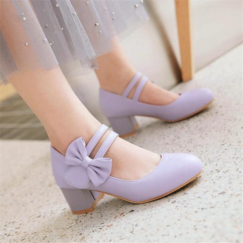 Girls Leather Shoes Lolita Shoes Mary Jane Pumps For Women High Heels Pink Bow-knot Block Heels Shoes Wedding Bride Pumps 31-43